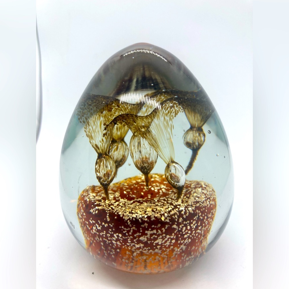 Vtg Floral Glass Paperweight Floral Brown & Gold Art Glass Paper Weight Large 5”